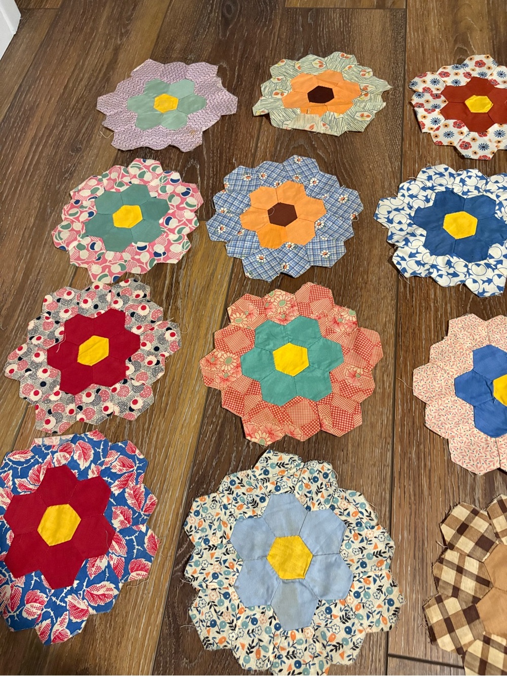 Handmade Floral Hexagon Quilt Blocks - Multicolor